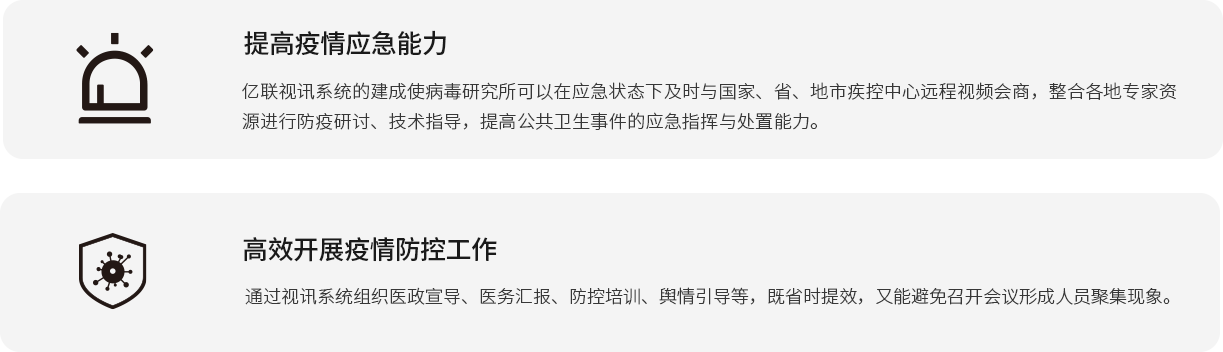 提高疫情应急能力 AG凯发K8国际,AG凯发官方网站,凯发官方首页视讯系统的建成使病毒研究所可以在应急状态下及时与国家、省、地市疾控中心远程视频会商，整合各地专家资源进行防疫研讨、技术指导，提高公共卫生事件的应急指挥与处置能力。 高效开展疫情防控工作 通过视讯系统组织医政宣导、医务汇报、防控培训、舆情引导等，既省时提效，又能避免召开会议形成人员聚集现象。