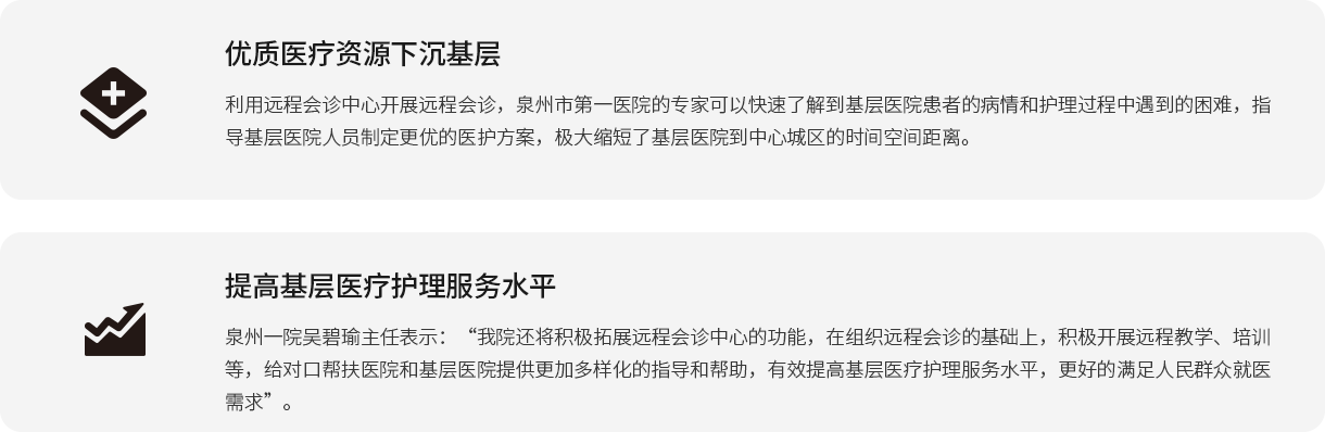 优质医疗资源下沉基层 利用远程会诊中心开展远程会诊，泉州市第一医院的专家可以快速了解到基层医院患者的病情和护理过程中遇到的困难，指导基层医院人员制定更优的医护方案，极大缩短了基层医院到中心城区的时间空间距离。 提高基层医疗护理服务水平 泉州一院吴碧瑜主任表示：“我院还将积极拓展远程会诊中心的功能，在组织远程会诊的基础上，积极开展远程教学、培训等，给对口帮扶医院和基层医院提供更加多样化的指导和帮助，有效提高基层医疗护理服务水平，更好的满足人民群众就医需求”。